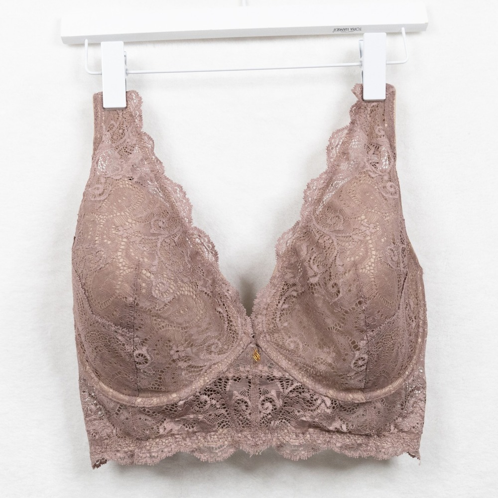 THIRDLOVE Longline Lace Plunge Bra Romantic Floral Mauve Pink Nude Sz 36F